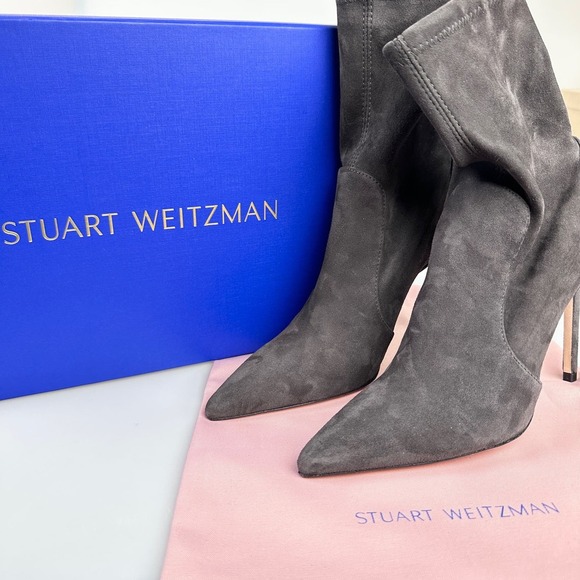 NIB Stuart Weitzman Leigh 95 Gray Suede Bootie Boot Heel Stiletto Pointed - Picture 4 of 13